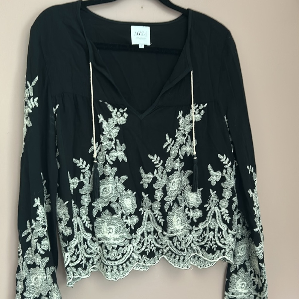 MISA Black Long Sleeve Boho Embroidery Top Scallops Hem Tassels Size Small - Picture 7 of 10